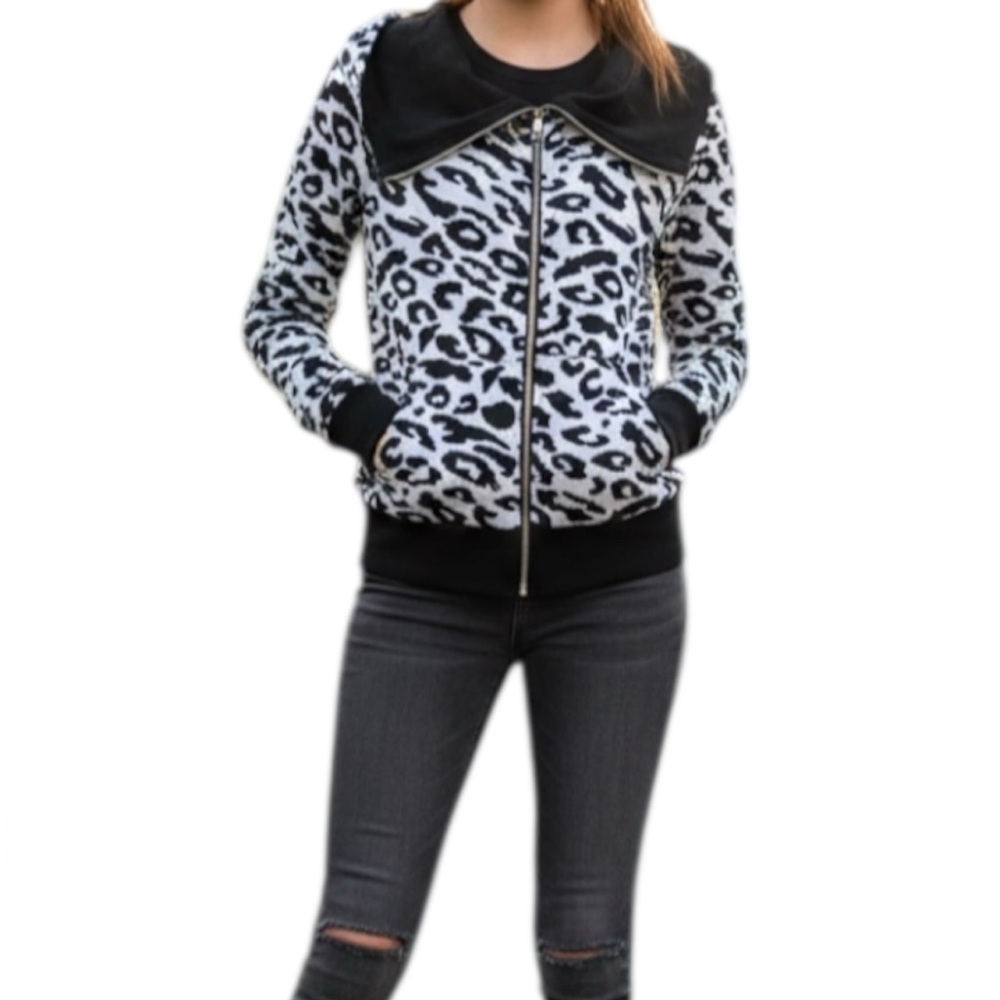 Forever 21 Black Leopard Animal Print Y2K Full Zip Hoodie Jacket Size Small
